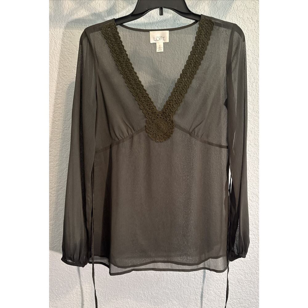 Vtg Y2K Whimsy Goth Fairy Grunge Loft Olive Green Sheer Crochet Lace Top Sz 4